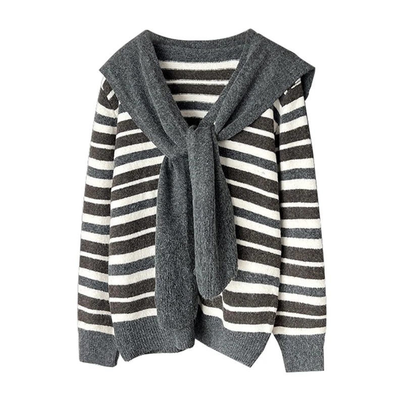 Quali Maglione lavorato a maglia lungo ampio da donna con sciarpa a righe color blo Autunno Inverno Casual Top versatile