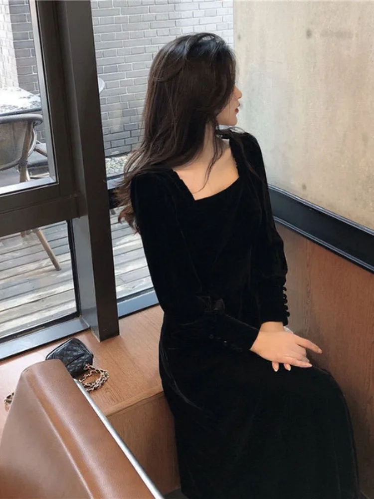 Vintage Long Sleeve Square Solid Color Mid Long Dresses Women\'s Casual Elegant Classic Office Lady Ladies Dress 2024 Autumn