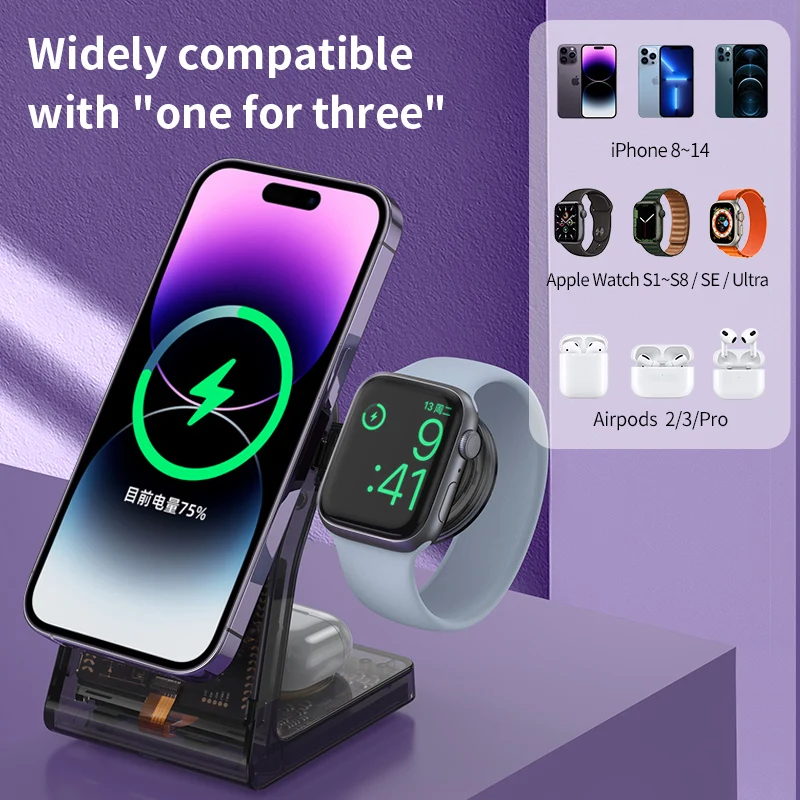 3 in 1 Magnetic Transpare 15W Wireless Charger Stand for iPhone 14 13 12 Pro Max Apple Watch AirPods Fast Charging Dock Station