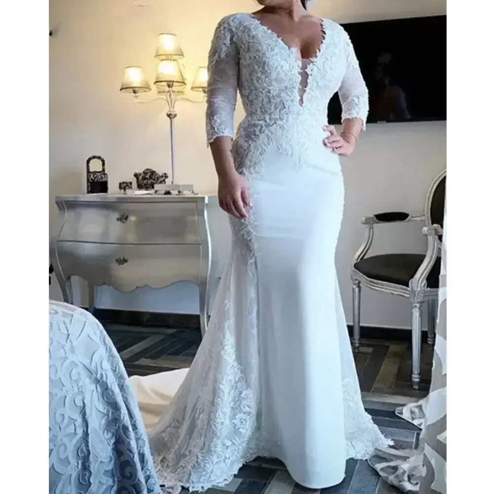 Vestido De novia Vintage con apliques De encaje y escote en V profundo personalizado, vestido De novia De sirena De talla grande con mangas largas 3/4