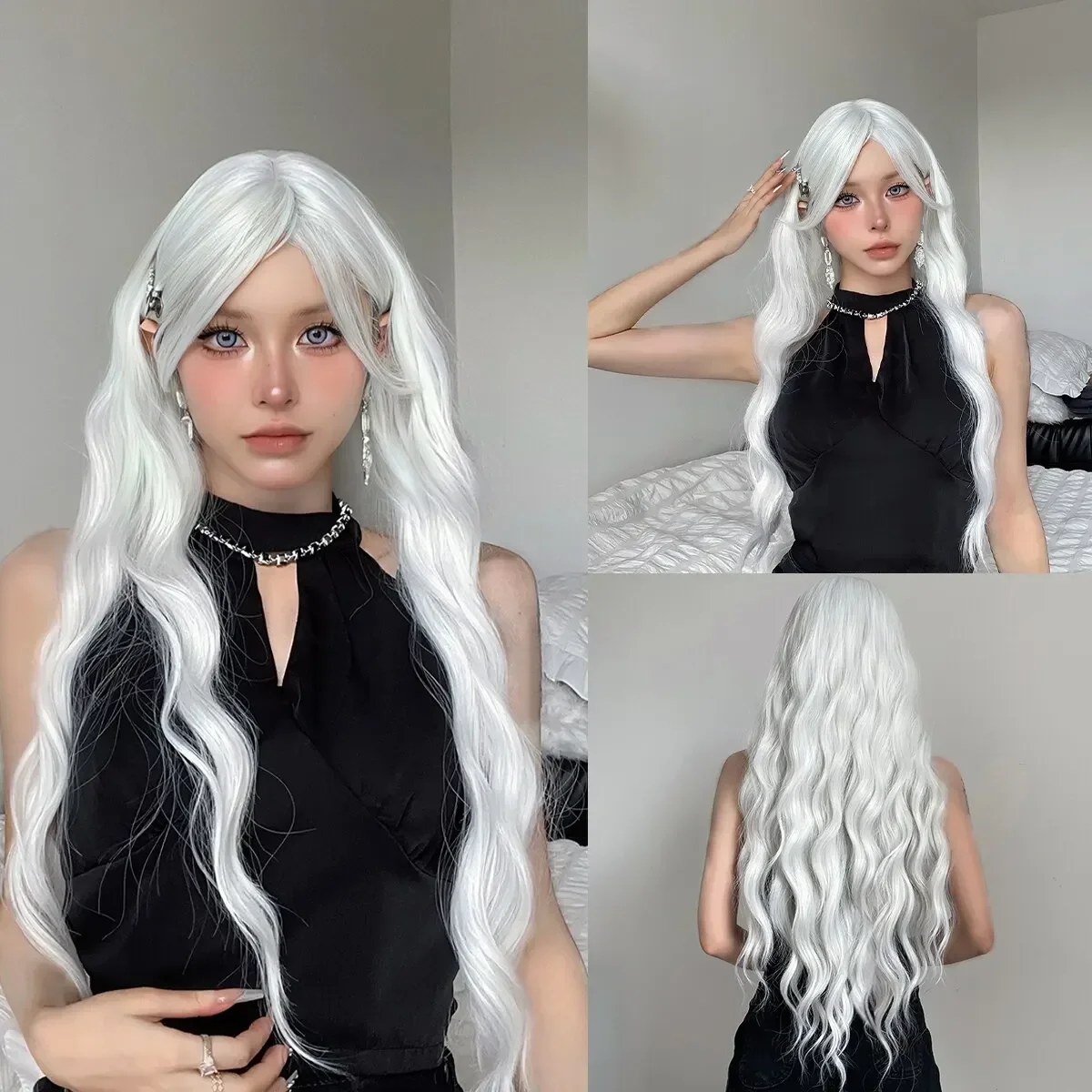 Peluca de cabello sintético con flequillo para mujer, pelo largo y sedoso, color blanco y plateado, resistente al calor, fiesta diaria, Cosplay