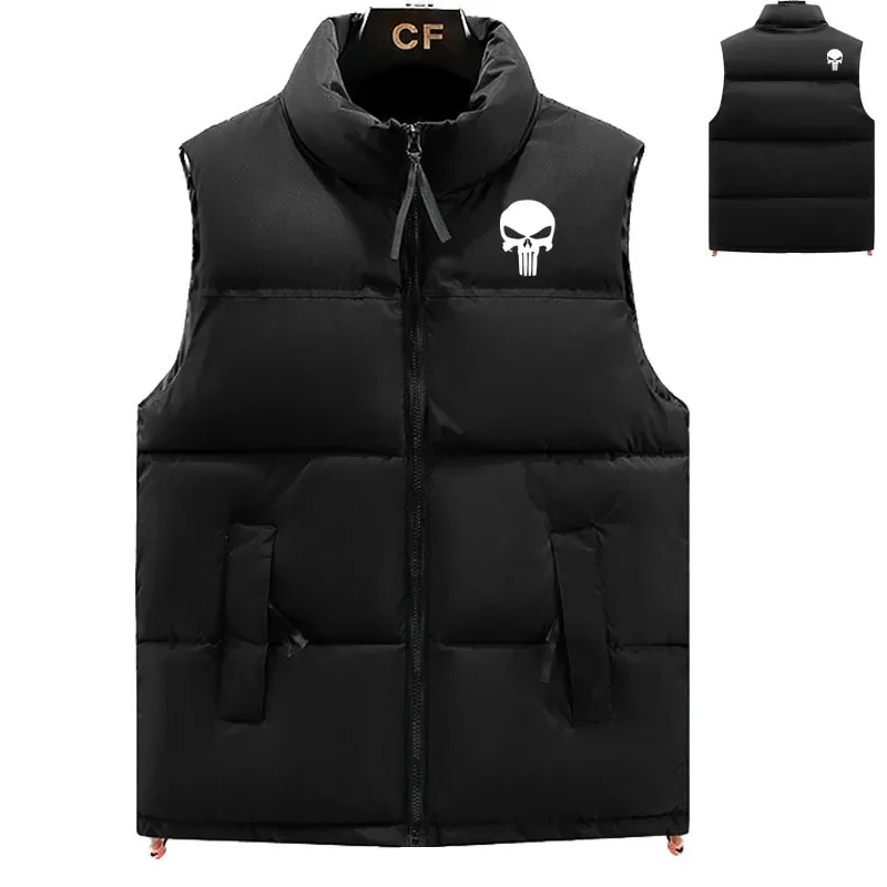 Winter New Fashion Warm Male Winter Vest Light Down Cotton skull print Mens Work Vest Waistcoat classic men\'s cotton jacket