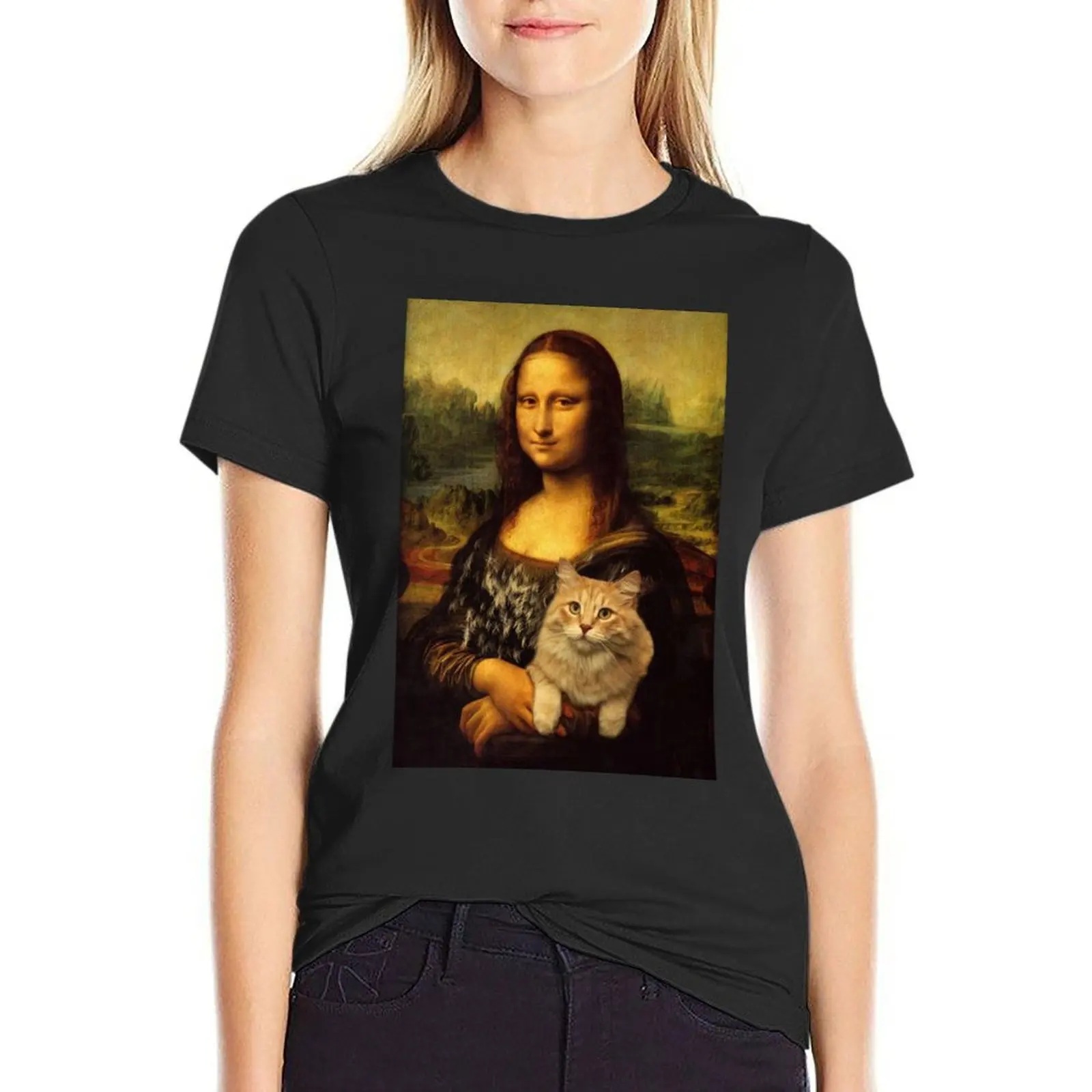 Mona Lisa Holding a Cat, Covered By Cat Hair (Cat Lover) T-Shirt Blouse customs cropped t shirts for Women