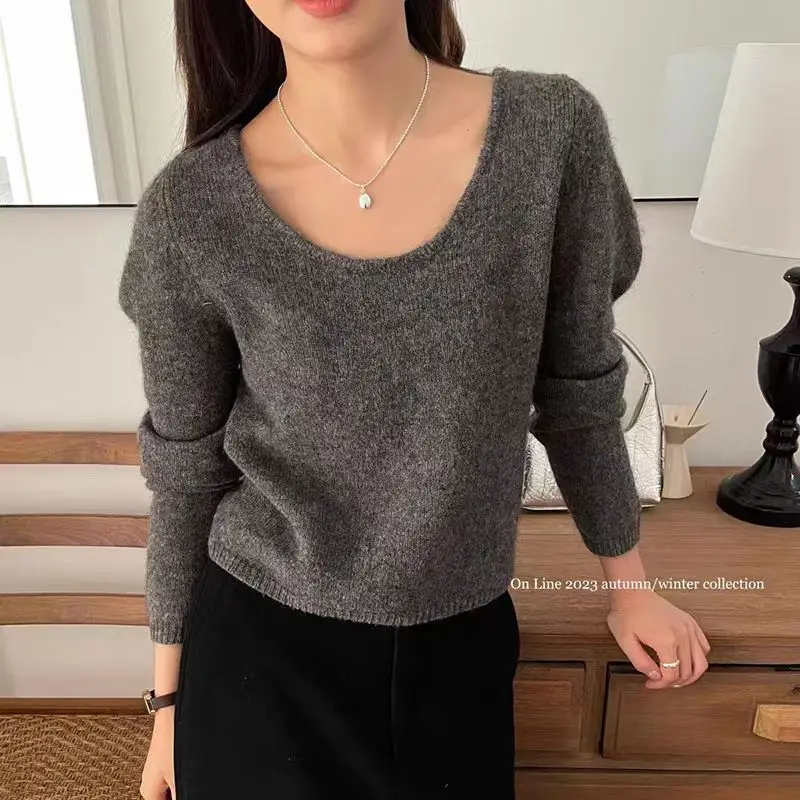 Large U-Neck 100% Pure Wool Sweater Women's Short Long Sleeve Pullover Loose Base Chic Top Spring Autumn High Quality Hot Sale