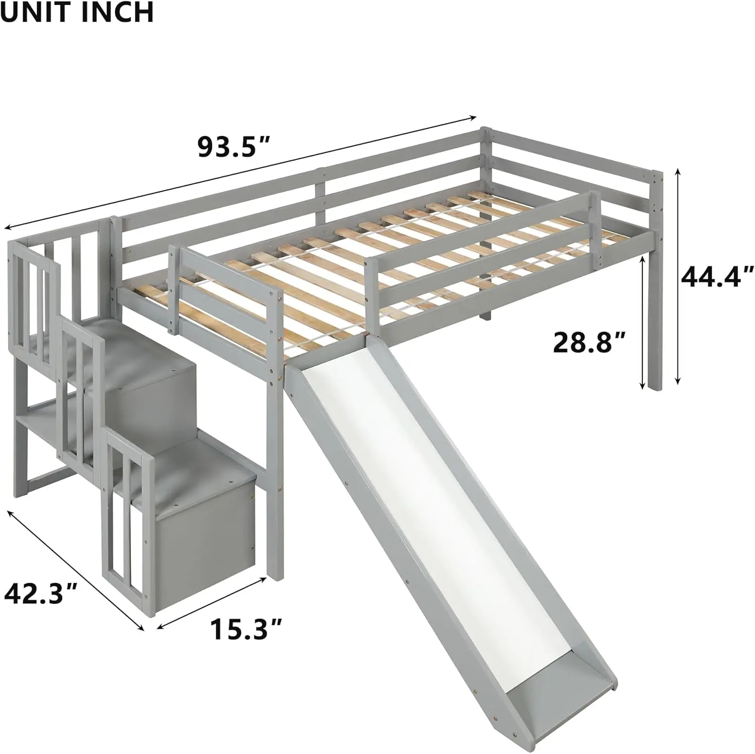 Cama baja tipo Loft para niños, cama de tamaño doble con tobogán y escalera de almacenamiento, marco de madera para Loft para Niños, Niñas y Adolescentes (gris)