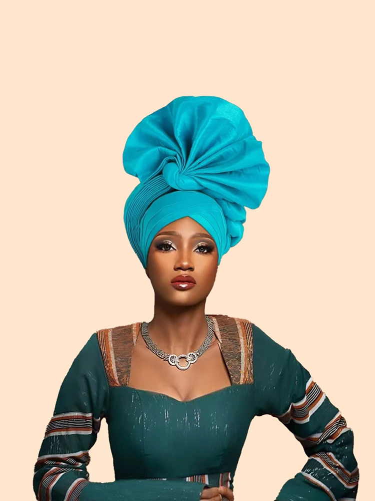 Turbante africano para mujer, Turbante femenino de seda cruda nigeriana, envolturas para la cabeza para fiesta de boda, Turbante