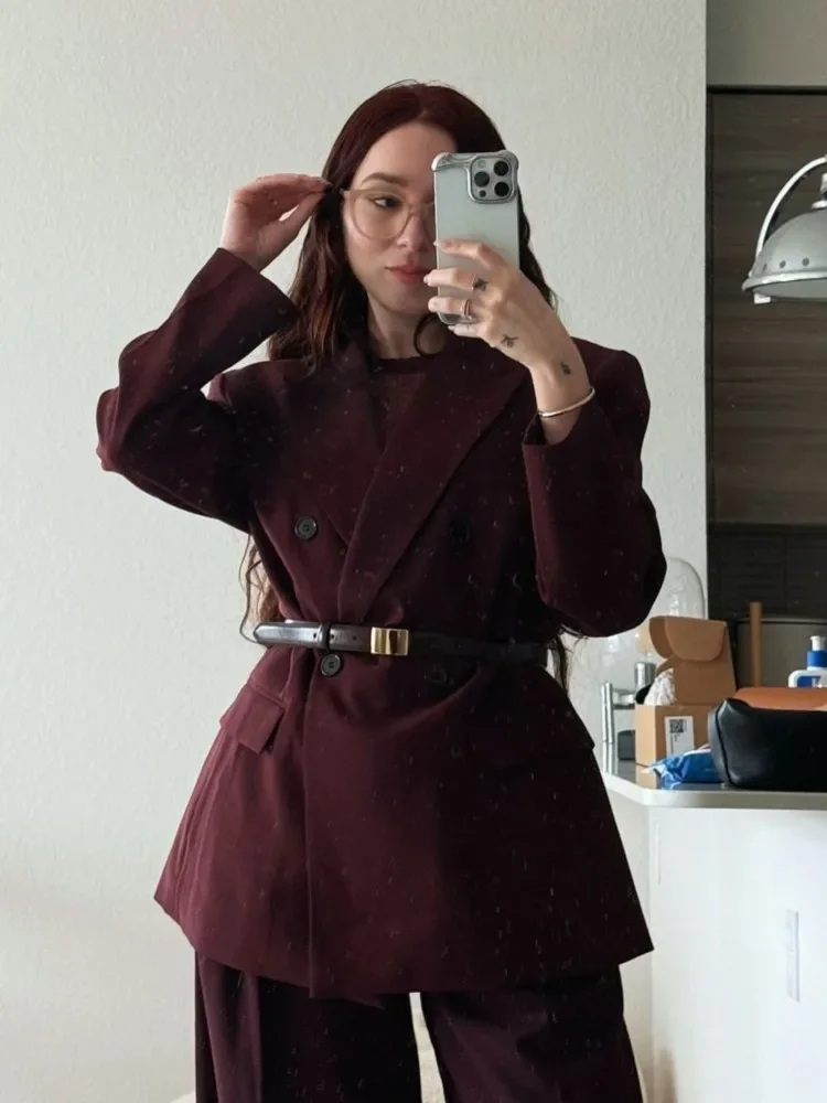 

Ancola Red Suit Jacket Coat High Waisted Pants Set Commuting Fashion Loose Lapel Double Breasted Women Overcoat Top Trousers