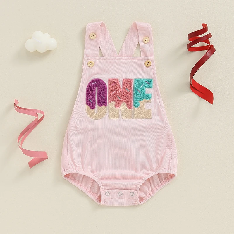 FOCUSNORM 0-18M Baby Girls Boys Birthday Cute Romper Overalls Letter Embroidery Square Neck Sleeveless Jumpsuit