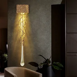 Bedside Crystal Wall Scone Lamp For Bedroom Stairs Living Room Luxury Gold Water Drop Glass Bedside Interior Crystal Wall Lights