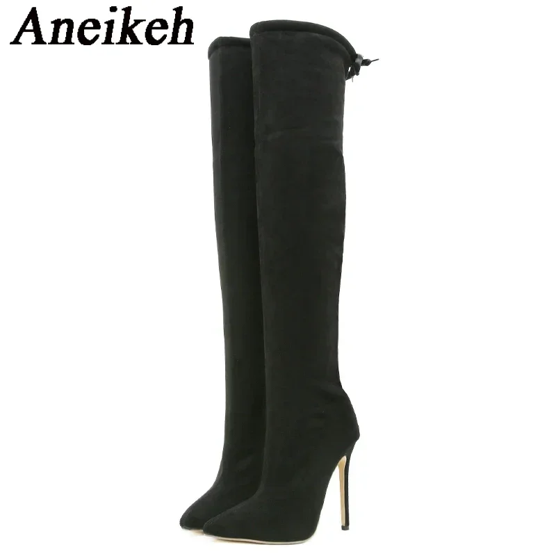 

Aneikeh Street Style Winter Warm Stretch Fabric Woman Over The Knee Boot Sexy Thin High Heels Pointed Toe Back Lace-up Shoes