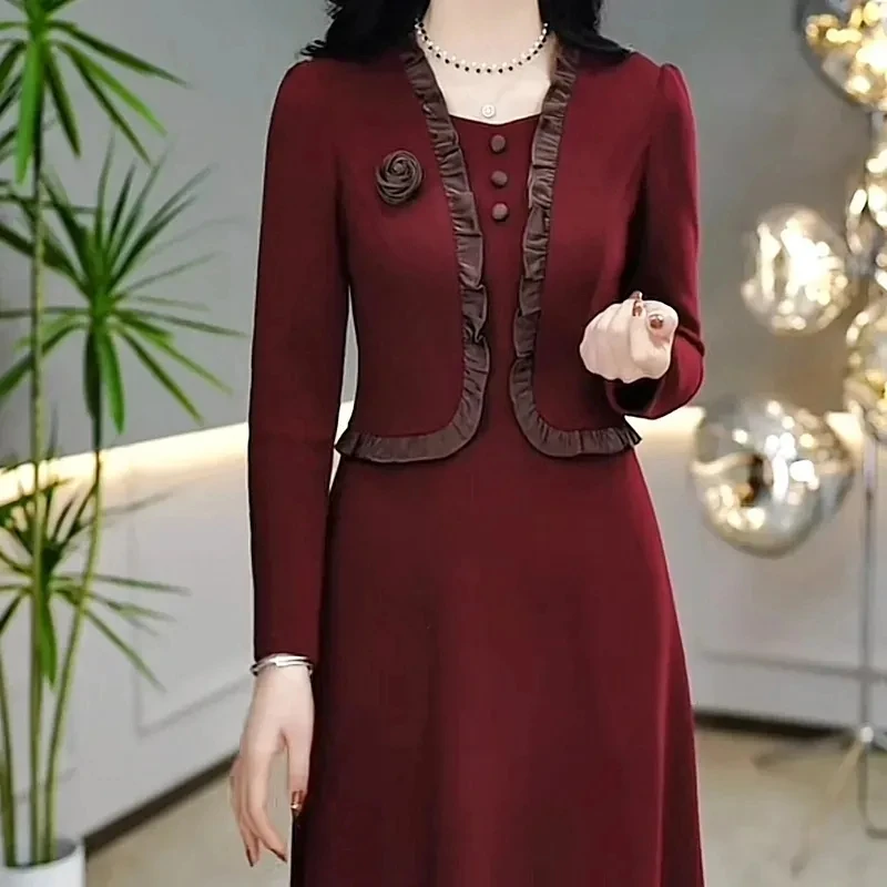 Autumn Winter Add Velvet Long Dress Women Fake Two Pieces Long Sleeve Dress High End Elegant Mother Wedding Party Dress Vestidos