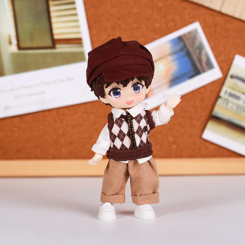 Obitsu 11 Doll Clothes British Style Student Uniform Grid Vest Pants with Hat 5-Piece Set Baby Toys Dolls Diy Handmade Dress Up