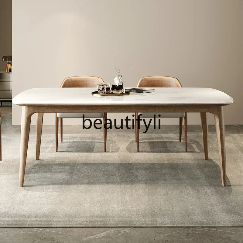 Imported pure natural luxury stone dining table high-end Italian minimalist light luxury rectangular marble simple solid wood