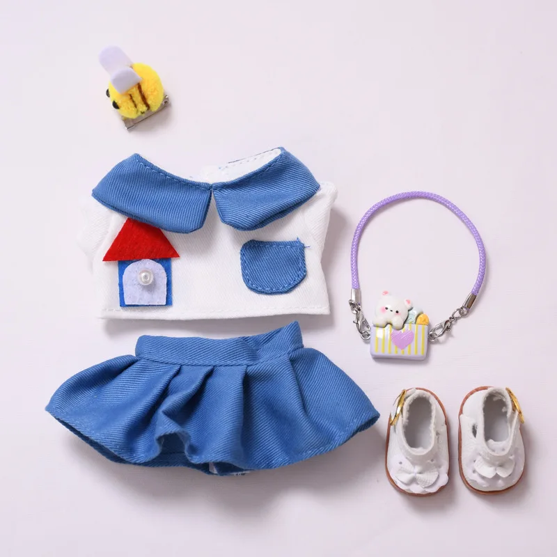 

Labubu 1st 2nd 3rd Gen Fairy Tale School Outfit Bunny Ear Hood House Print & Mini Bag For 15/17cm Dolls