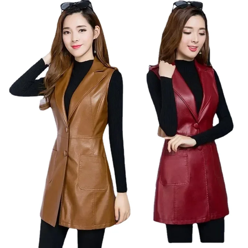 

Top Faux Leather Vest Women's Clothing traffic 2024 PU Autumn Jacket Korean Solid Vest Mid Long Coat Female new in outerwears