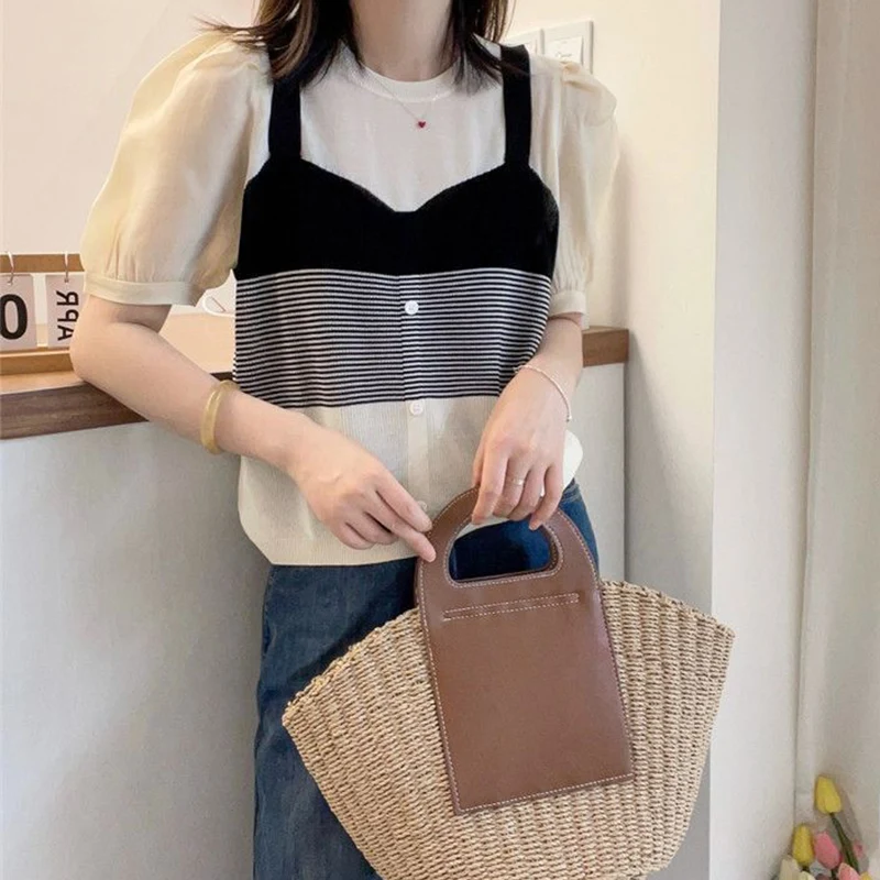 Summer Fashion Fake Two Pieces Striped Knitting Patchwork T-shirt Lady Loose Casual All-match Oversized Vintage Pullover Tee Top