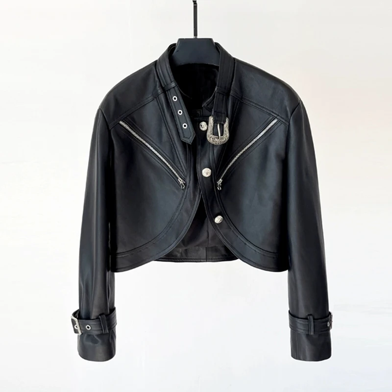 Fashion Cropped Cardigan Real Leather Jacket for Women High Waist Sheepskin Zipper Biker Jacket 2025 Female Casual Leather Coats