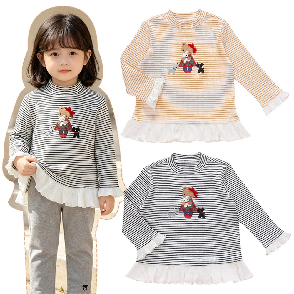 Autumn New Arrivals baby girl clothes Girls' striped patchwork base tops Cartoon pattern knitted pullover