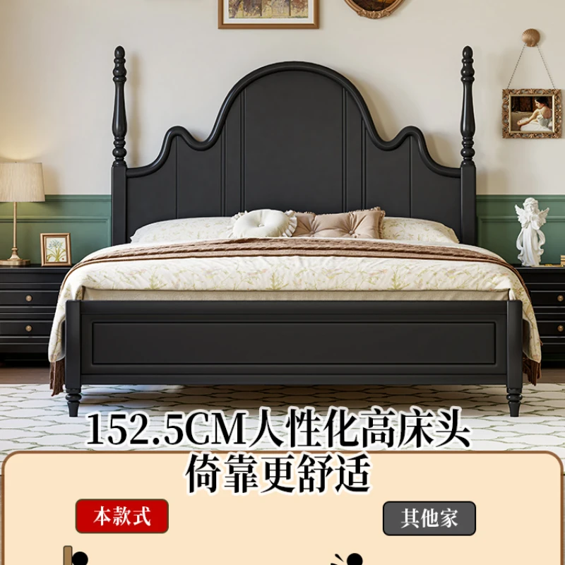 

French retro solid wood black modern minimalist medium and ancient style light luxury American bed wedding bed furniture bed