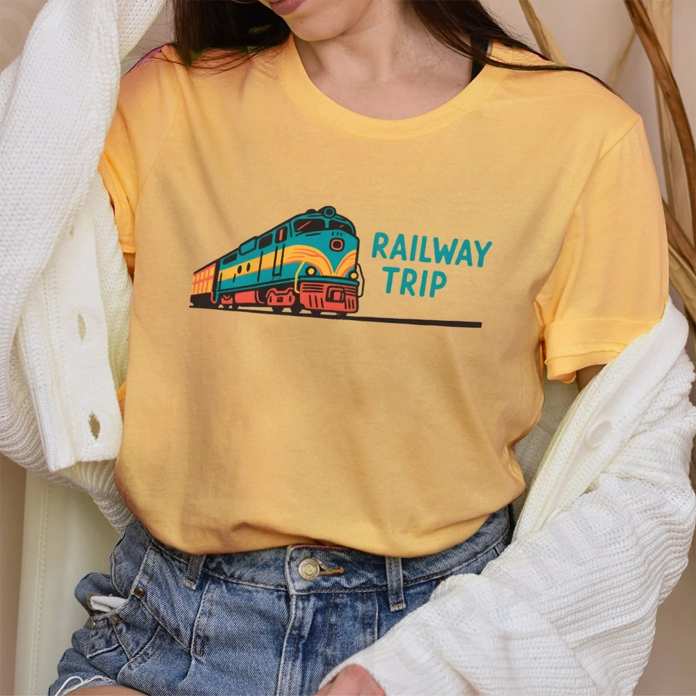 

Retro Railway Train Trip Y2K Women‘s Clothes Cotton Casual T-Shirt Crew Neck Graphic Tees Street Wear Colorful Cute Cartoon