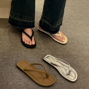RUANDAI 쪼리 캐주얼 비치 플랫 샌들, 한국 패션, 야외 슬립온 슬리퍼, 솔리드 심플 비치 슈즈, 2024 트렌드, 여름