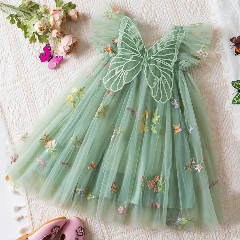 Korean Style Floral Embroidered Mesh Dress for Girls - Flutter Sleeve Spaghetti Strap Princess Tutu Dress