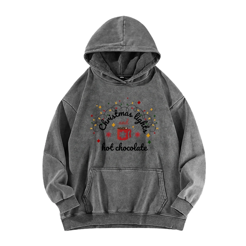 Christmas Lights and Hot Chocolate Casual Washed Hoodie Merry Family Christmas Sweatshirt Festive Women's Hooded Sweatshirt Top