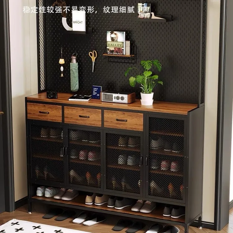 Home shoe cabinet Wrought iron solid wood storage locker Door entry multi-layer shoe cabinet