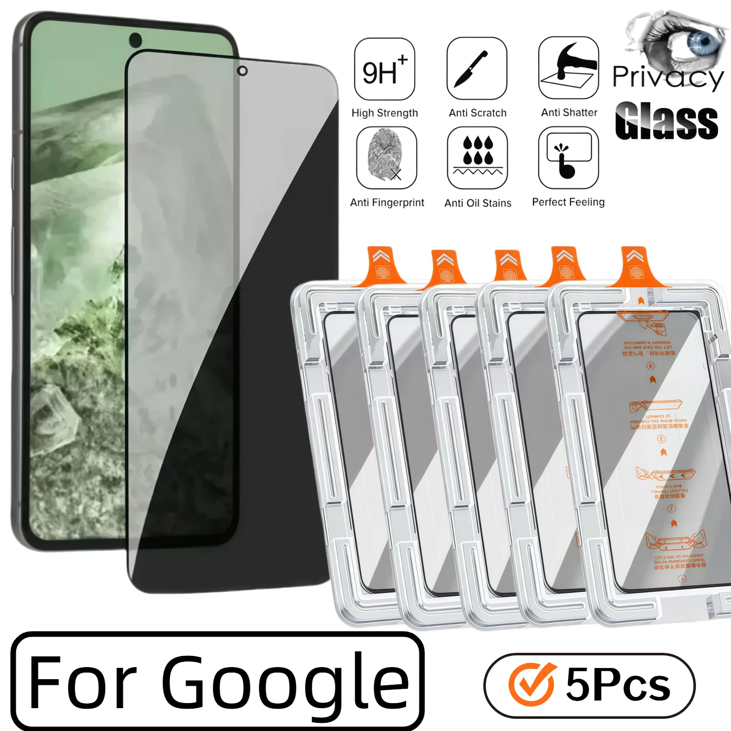 Lot de 5 films de protection d'écran en verre trempé anti-espionnage pour Google Pixel Series (11 Pro XL, 10A, 9 Pro, 8a, 7, 6)