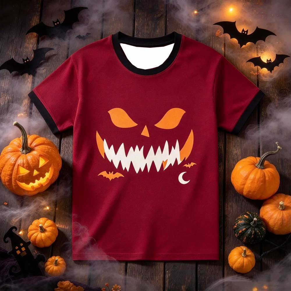 Unisex Halloween Spooky Pumpkin Face T-Shirt,Kids Short Sleeve Crew Neck Tees,Horror Bat Moon Print Casual Holiday Party Tops