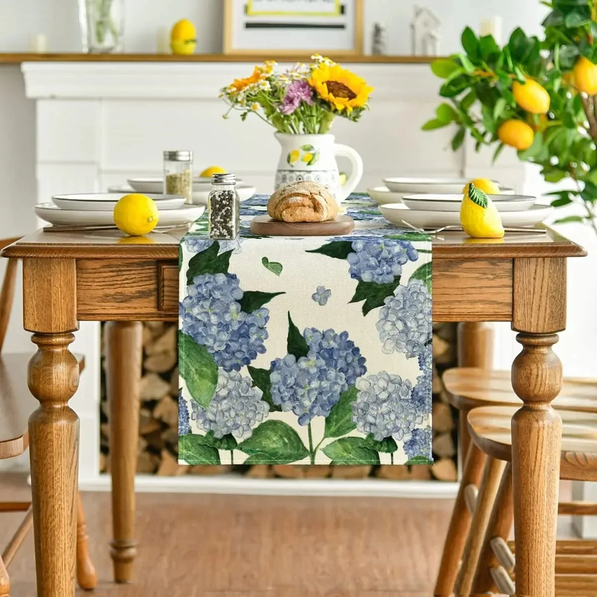 Watercolor Hydrangea Table Runner, Spring Summer Seasonal Kitchen Dining Table Decoration for Indoor Outdoor Home Party