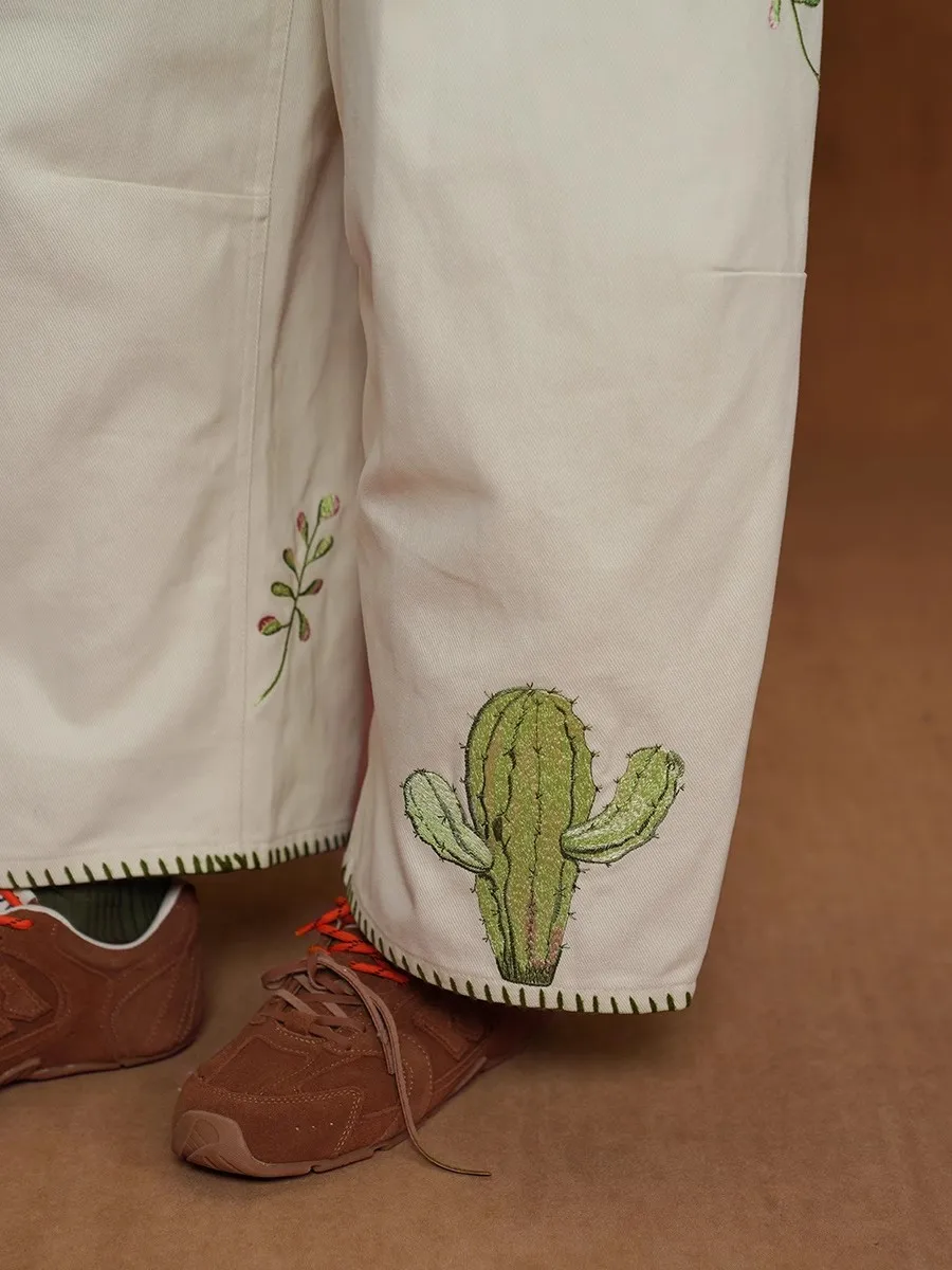 السيدات الصبار المطرزة عالية الخصر واسعة الساق السراويل الخريف