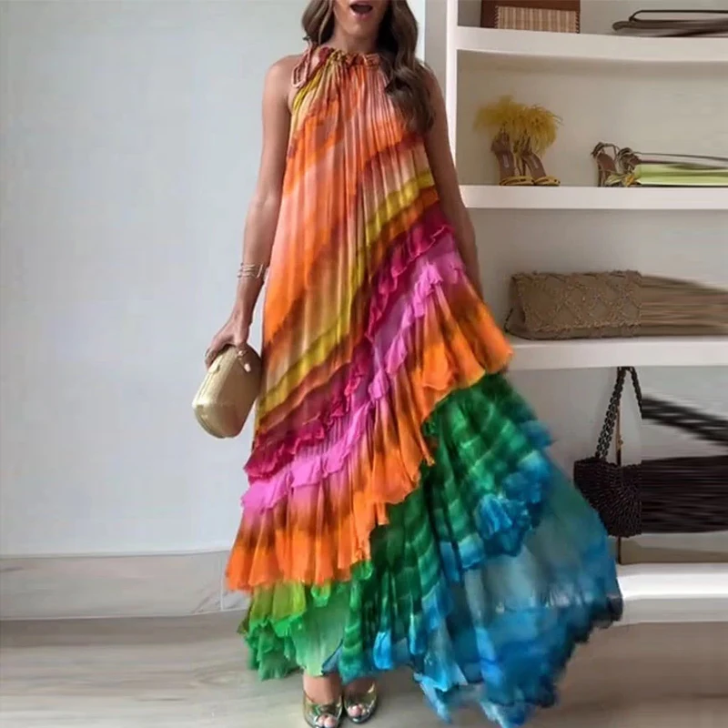 

Sexy Off Shoulder Banquet Draped Long Dress Formal Occasion Loose O-Neck Ruffles Dress Elegant Striped Colorful Cake Party Dress