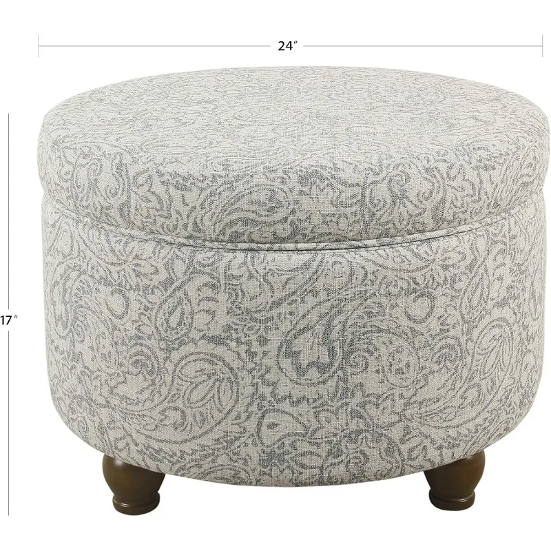 Home Decor | Upholstered Round Storage Ottoman | Ottoman with Storage for Living Room & Bedroom, Gray Floral