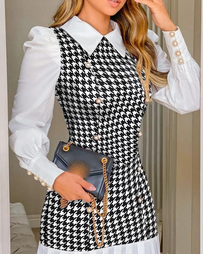 

Commuter Formal Dresses for Women Spring Temperament Houndstooth Button Decor Puff Sleeve Elegant Ruffle Hem Lapel Collar Dress