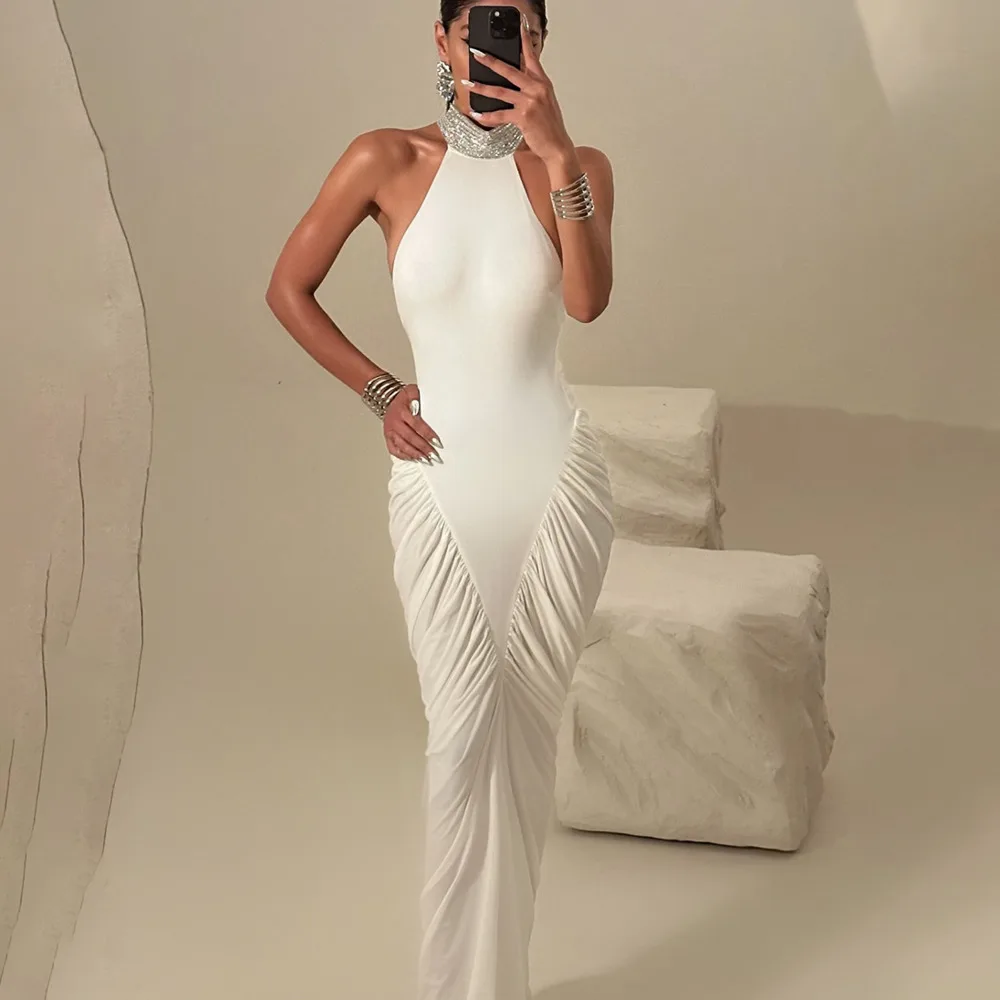 Blifanbo moda Halter espalda descubierta Sexy Maxi vestido elegante plisado cintura alta Split ceñido al cuerpo fuera del hombro Club vestido de fiesta