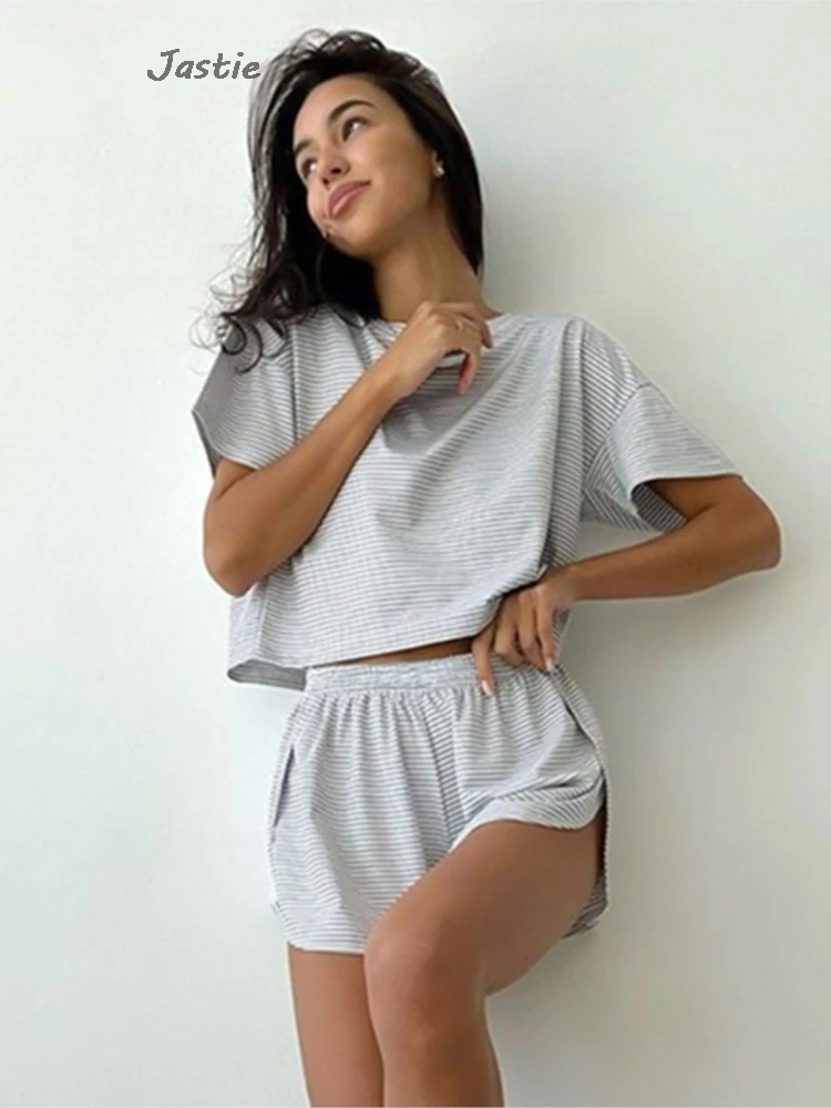 

2024 Summer Slit Stripe Shorts Sets Round Neck Short Sleeve Casual T-shirts Women Set Cotton Loose Homewear Pajamas Outfits