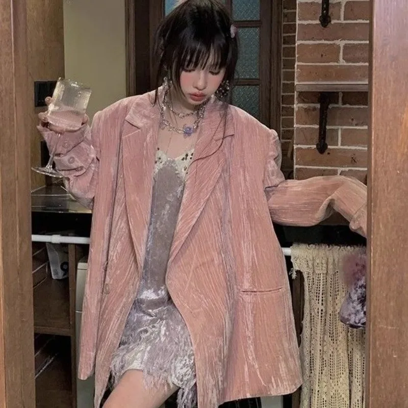 بليزرات نسائية تصميم مخملي سترة بدلة راقية لربيع وخريف جديد فضفاض مناسب بدلة غير رسمية سترة نسائية بأزرار