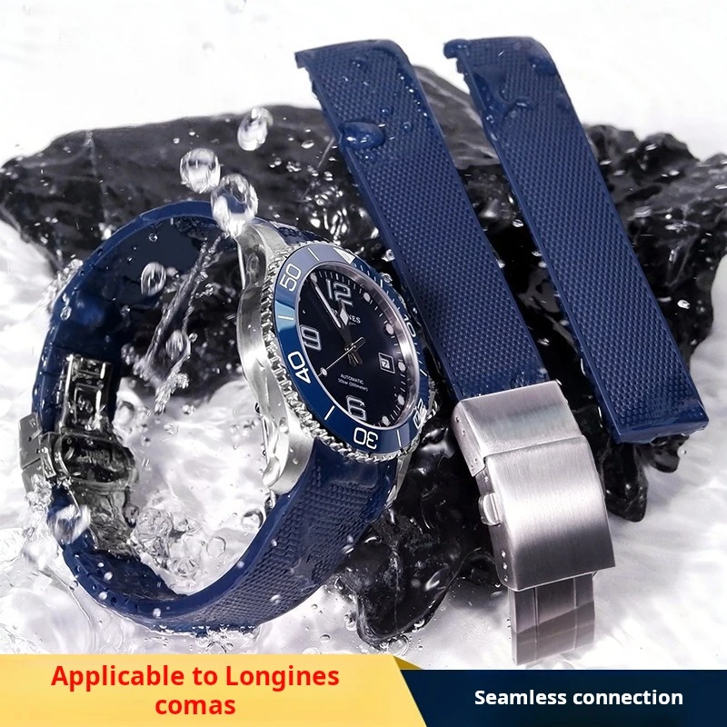 For Longines L3.742/644 642 strap Comcast Conquest Watchband  Blue green L3 Rubber Silicone Watch band Metal buckle men Bracelet