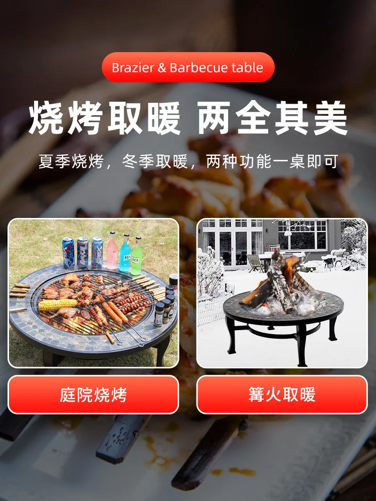 Garden barbecue grill, indoor barbecue grill, grill grate, charcoal barbecue rack, round barbecue table, and tea set for