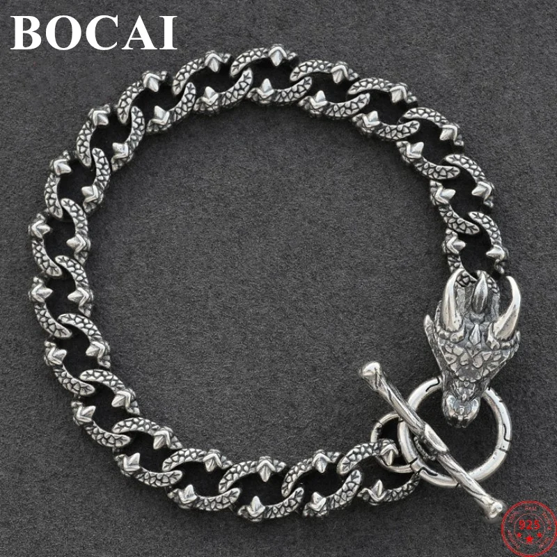 

BOCAI S925 Sterling Silver Charms Bracelets for Men New Fashion Loong-Scale Pattern Dragon Claws Punk Jewelry Free Shipping