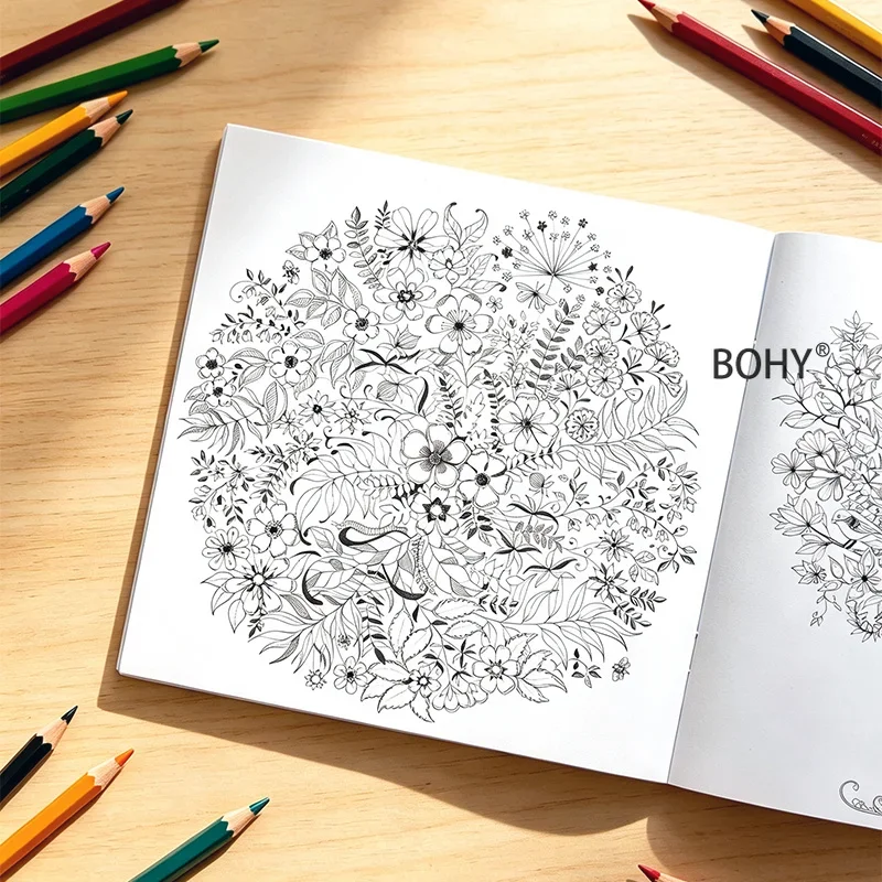 1 Adult Decompression Coloring Picture Book of Plant Mandala, 24 High-definition Pages, Peaceful Entertainment Before Bedtime
