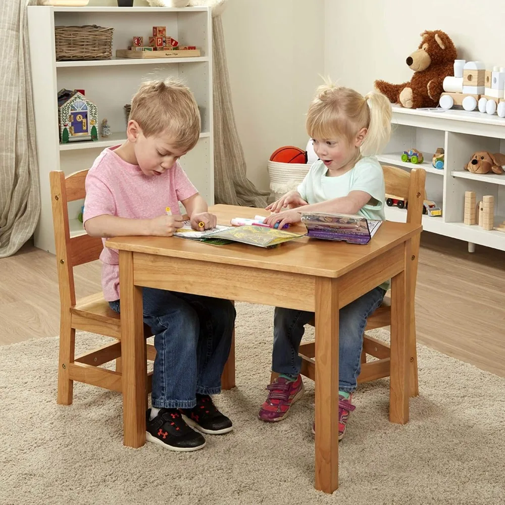 Rectangular Solid Wood Table and 2 Chairs Set - Light Finish Furniture for Playroom