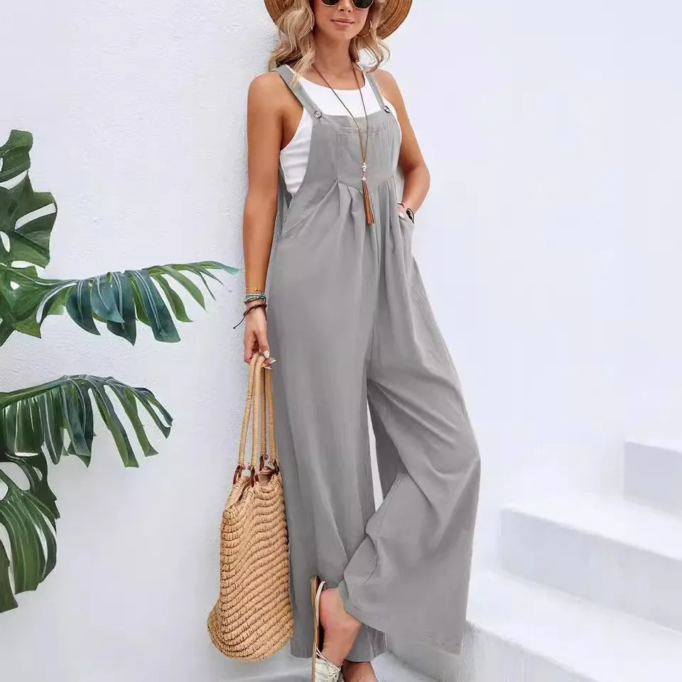

Women's Summer Jumpsuit Cotton Strapless Romper Navy Blue Wide Leg Overalls Button Front Front Pocket Jumpsuits Beige Black