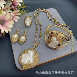 New natural special-shaped baroque pearl inlaid with colored gemstone tourmaline set, original jewelry natural stone color