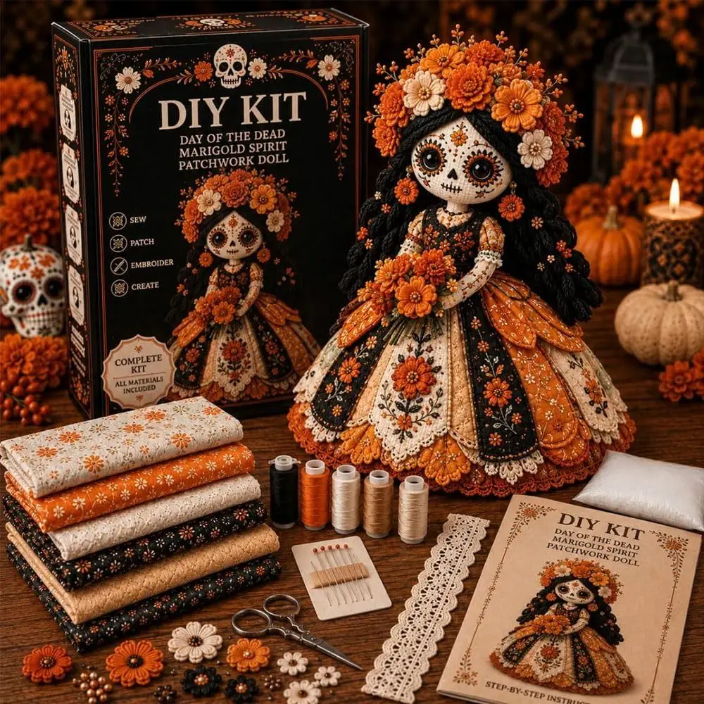 Halloween Theme Fabric Doll Craft Kit Handmade Pre Cut Fabric Patchwork Doll Kit Step by Step Guide Stuffing Included