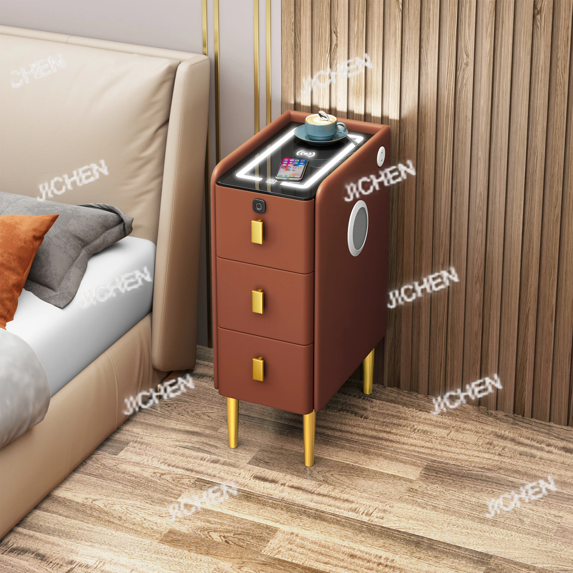 

Modern Luxury Wood Smart 30cm Bedside Table with Light Emitting Diode Fingerprint Wireless Charging Speaker Drawer Hotel