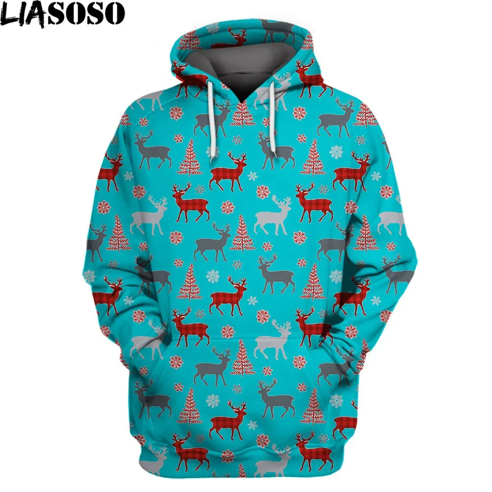 LIASOSO 3d Print New Elk Snowflake Winter Theme Mans Womens Hooded Sweatshirt Cartoon Hentai Pattern Long Sleeves Warm Outerwear