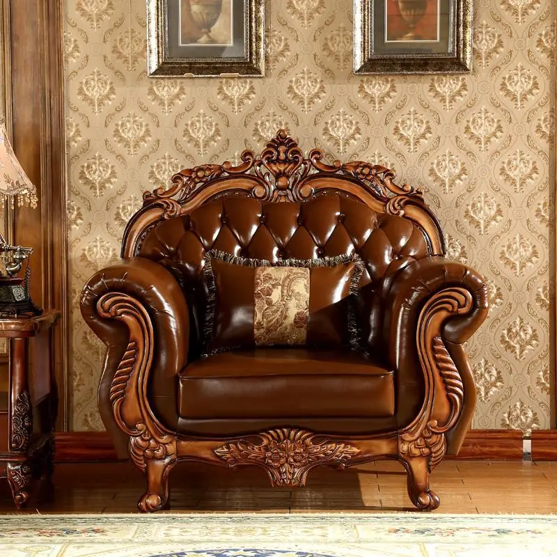 

European corner leather sofa combination living room size apartment solid wood carving flower top layer cowhide