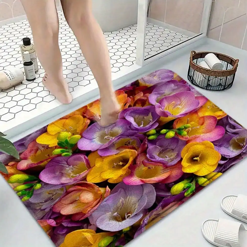 1pc A Colorful Freesia Flower Bath Mat, Perfect For Bathtubs And Bathroom Decor. This Soft Flannel Rug Features A Vibrant Floral Design And Is Suitable For